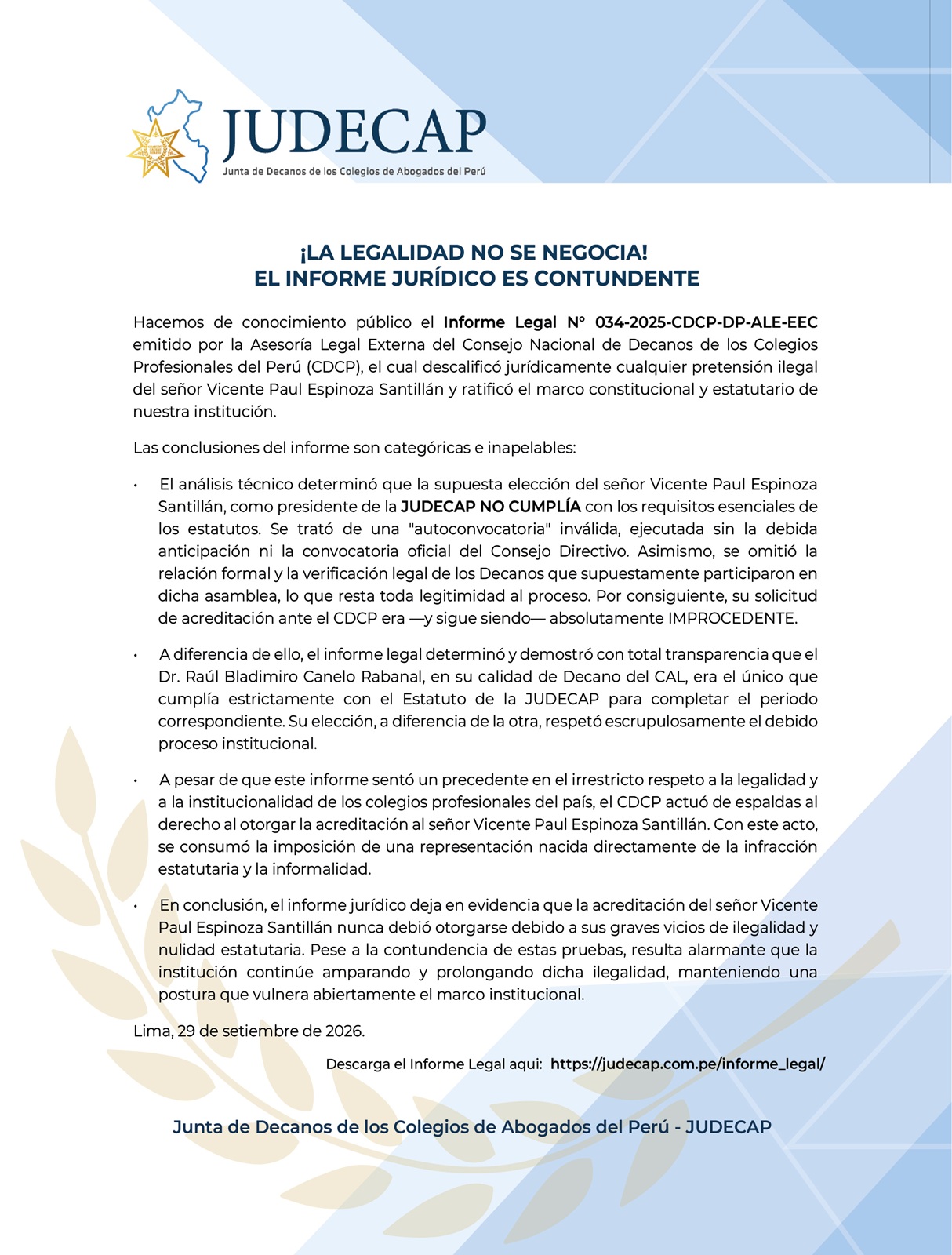 ¡LA LEGALIDAD NO SE NEGOCIA!  El informe jurídico es contundente.